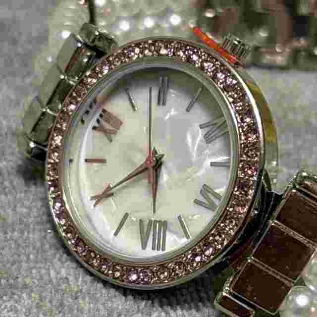 Ladies Quartz Watch Silver Tone 3 Row Faux Pearl Band MOP Pink Rhinestone Face