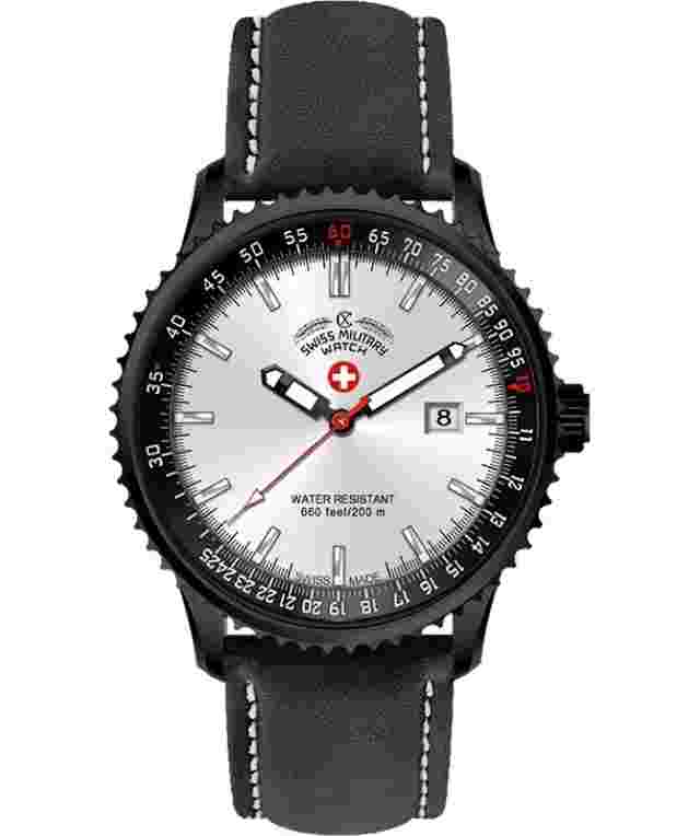 CX Swiss Military Lightning Nero Rawhide Swiss Watch 44mm 20ATM Sil Dial 3120