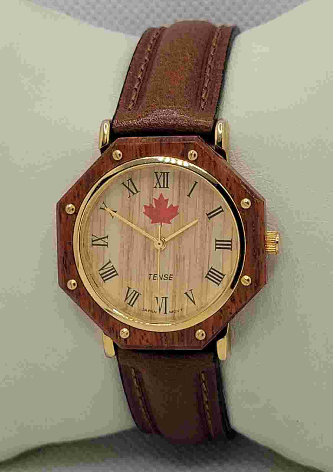 Ladies Tense Wooden Bezel Canadian Made Gold Tone Brown Leather Band Watch J4