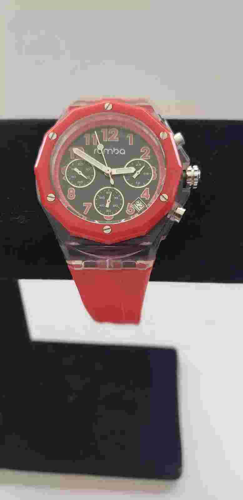 Rumba Plastic Chronograph. Red Tone. 24 hrs. Date . Resin Band