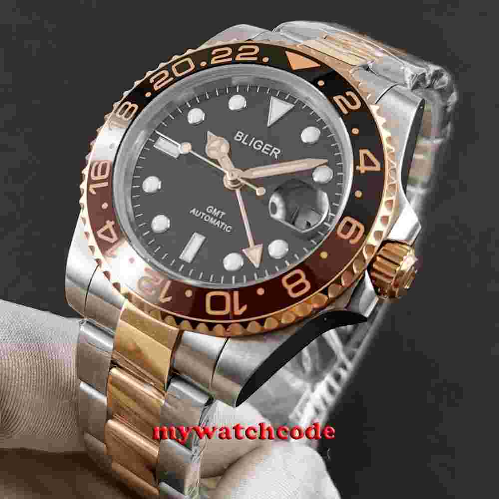 40mm bliger black dial luminous mark rose golden case GMT automatic mens watch