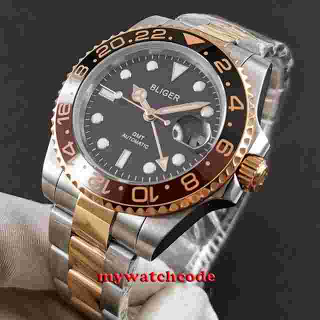 40mm bliger black dial luminous mark rose golden case GMT automatic mens watch