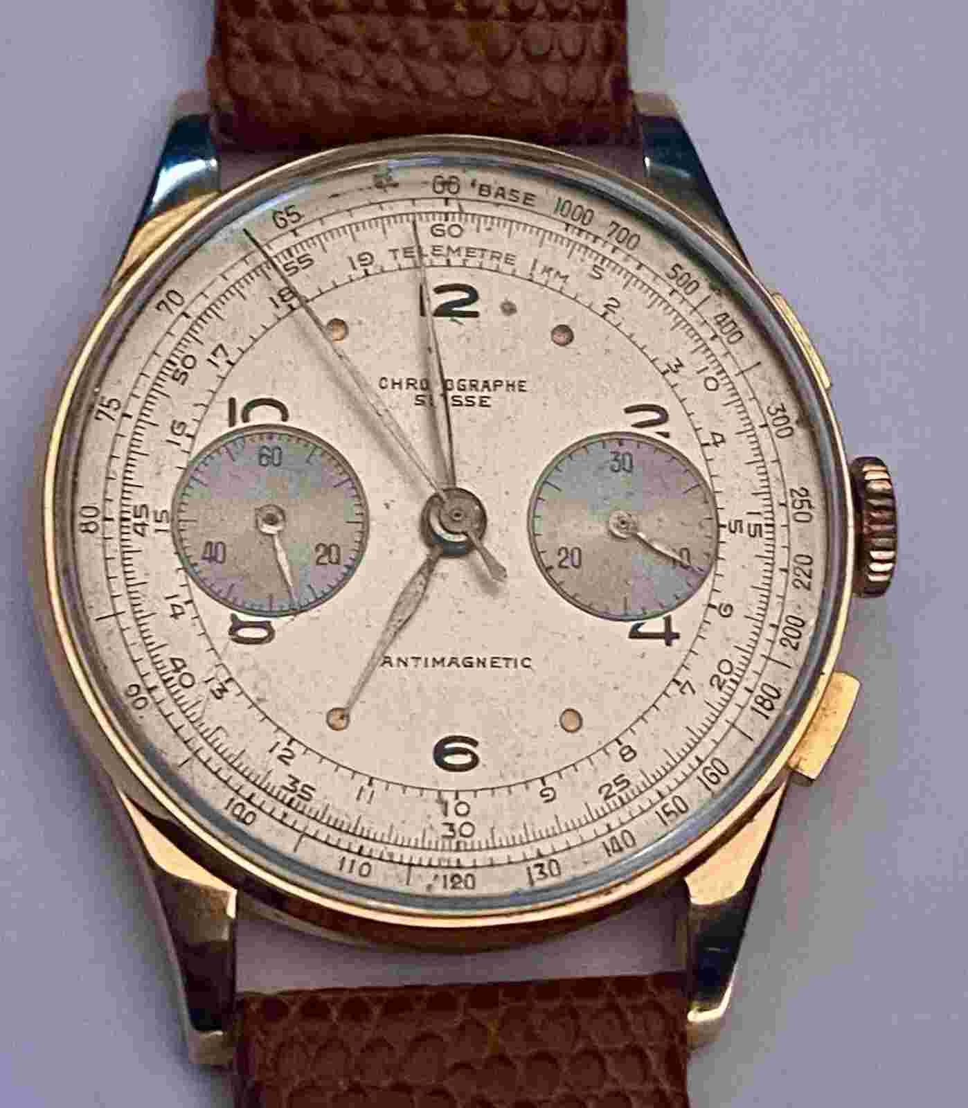 Vintage Chronograph Suisse 18ct Rose Gold Antimagnetic 17 Jewels Watch Ca 1950's