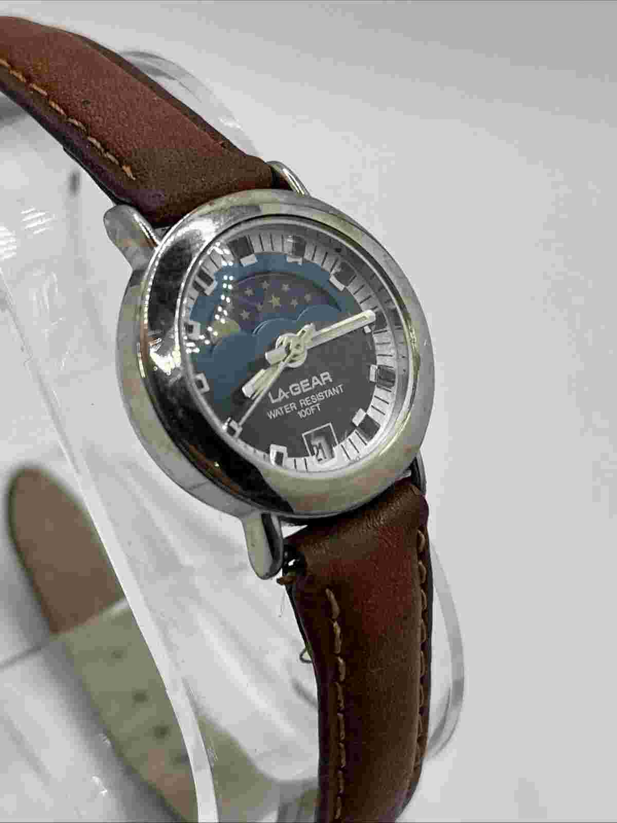 Vintage LA Gear Women's Moon Phase Quartz Watch Brown Leather Band- New Battery