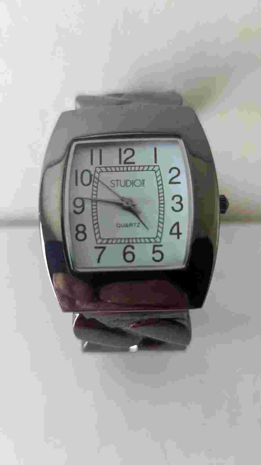 Studio White Dial Black Case Hinge Open Cuff Bracelet Band Watch 6.5 Inch
