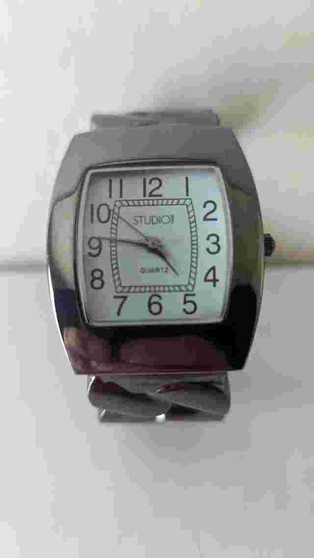 Studio White Dial Black Case Hinge Open Cuff Bracelet Band Watch 6.5 Inch