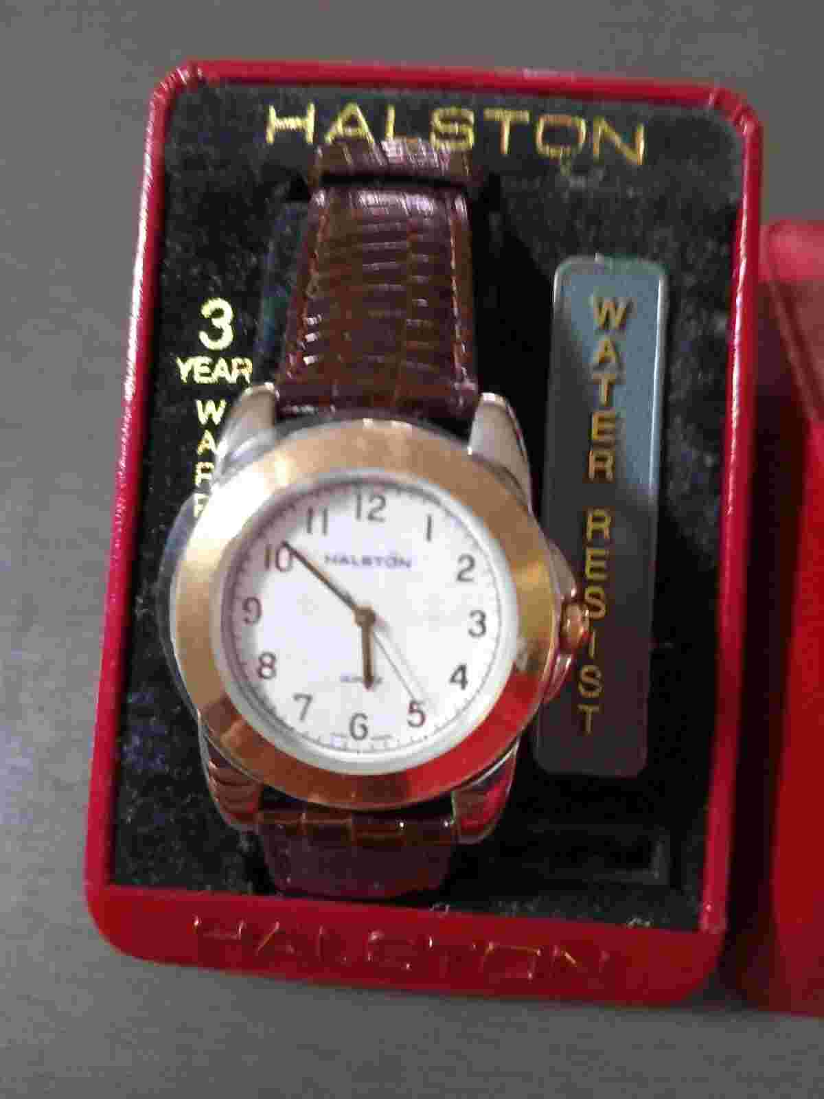 Vintage Halston Watch Women Gold Tone Round White Dial Leather New Never Used