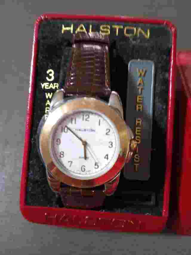 Vintage Halston Watch Women Gold Tone Round White Dial Leather New Never Used