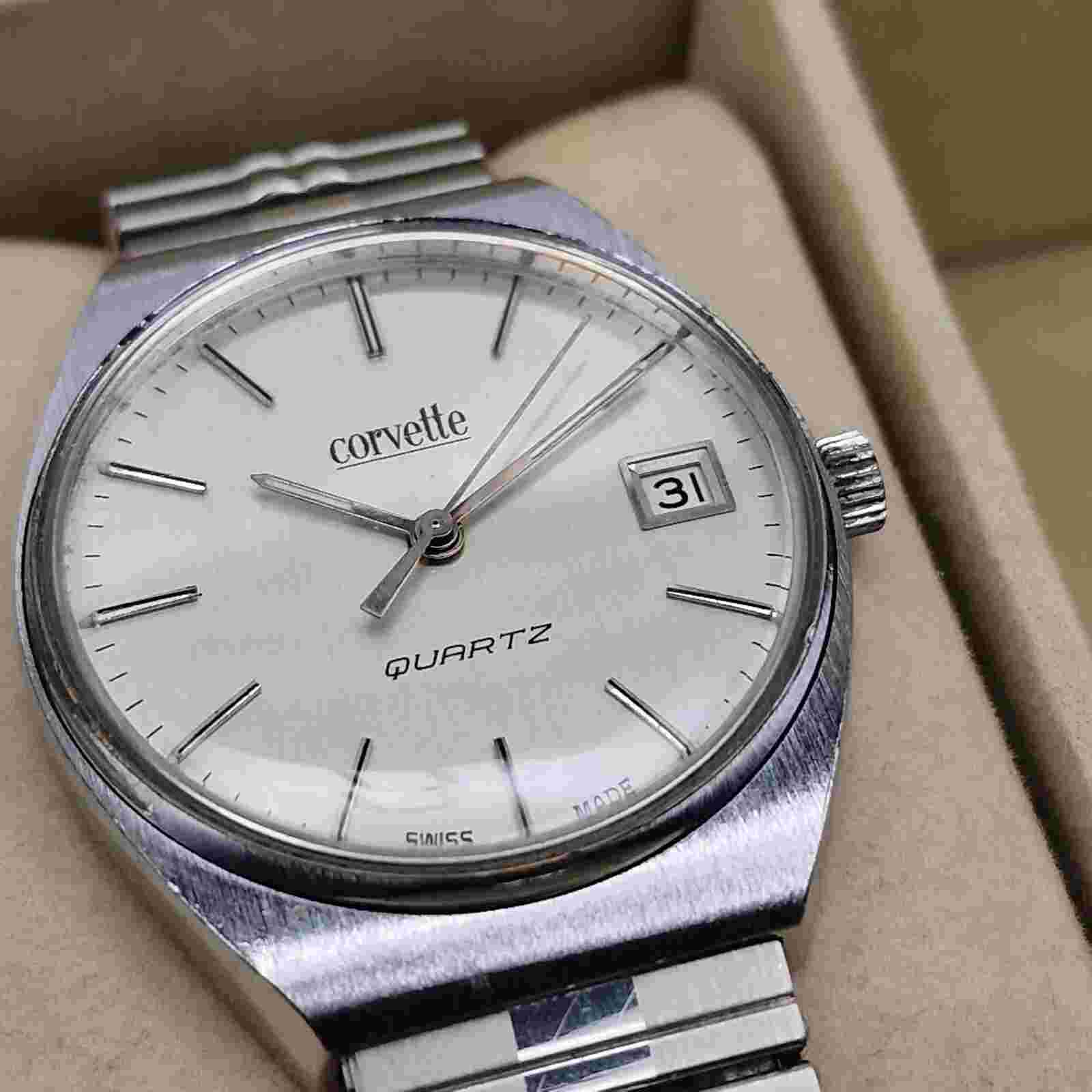 Vintage Corvette Swiss Made Silver Men Quartz Classic Thin Date Wristwatch