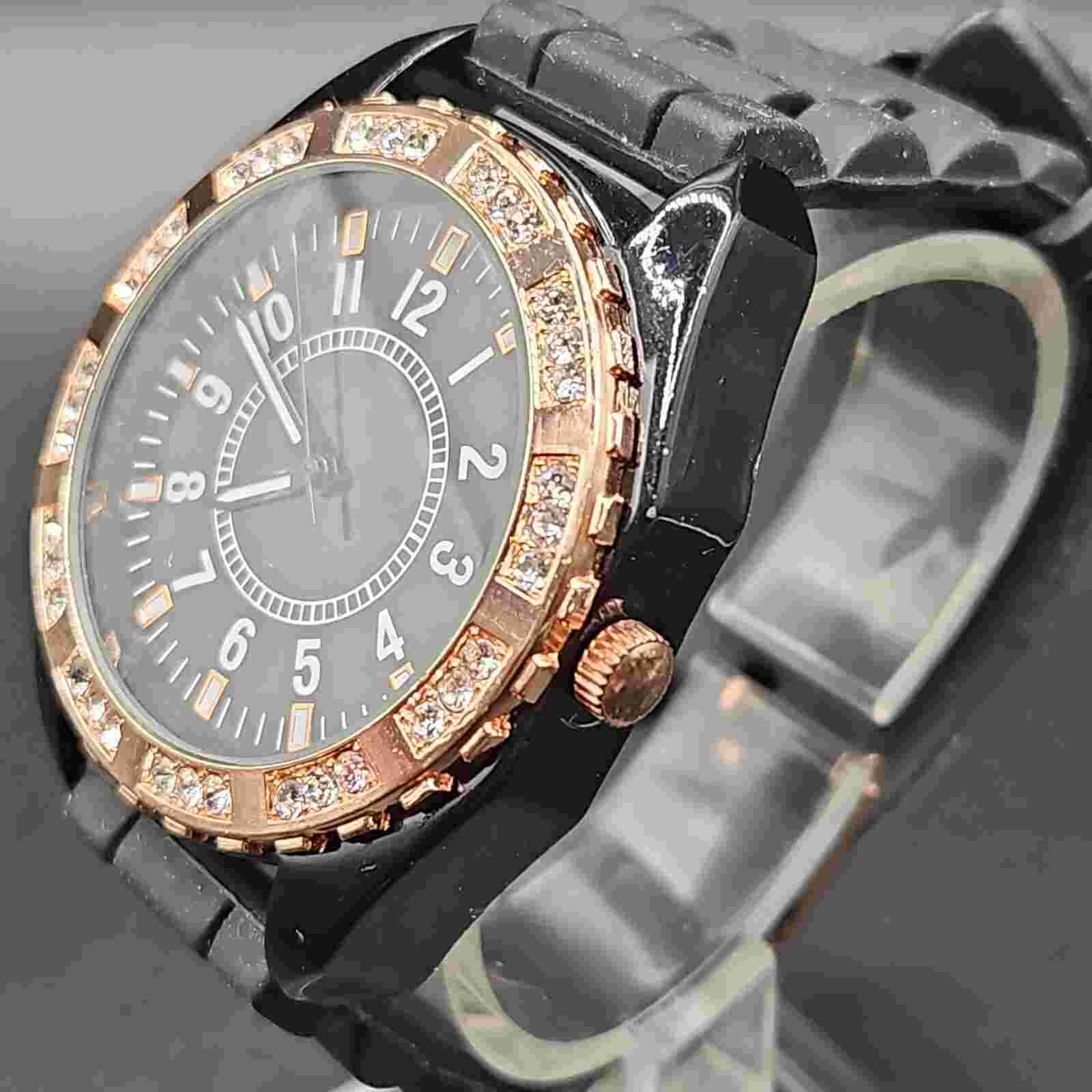 Accutime Ladies Black Face Watch Rhinestone Bezel Black Rubber Band New Battery