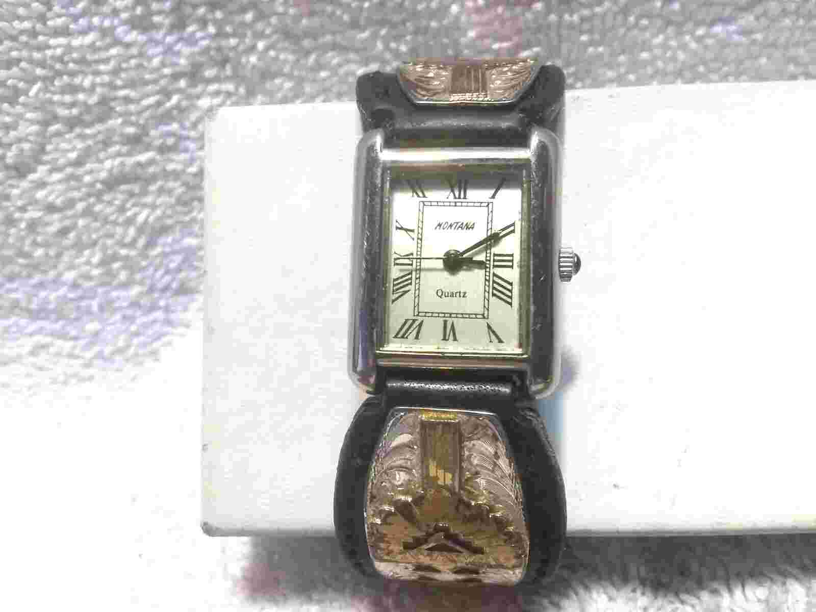 Montana Silversmiths Watch Aztec Silver Gold Black Leather New Bat Great Shape 3