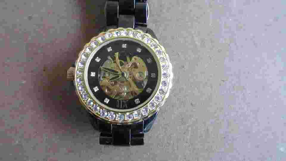 ADRIENNE SKELETON WATCH CERAMIC BAND + STAINLESS STEEL BACK - CRYSTAL RHINESTONE