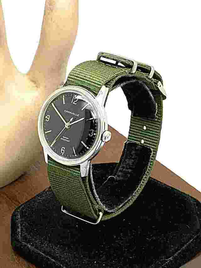 Caravelle Bulova Military Vintage Men's Watch Manual Wind Black Dial 33mm Nylon