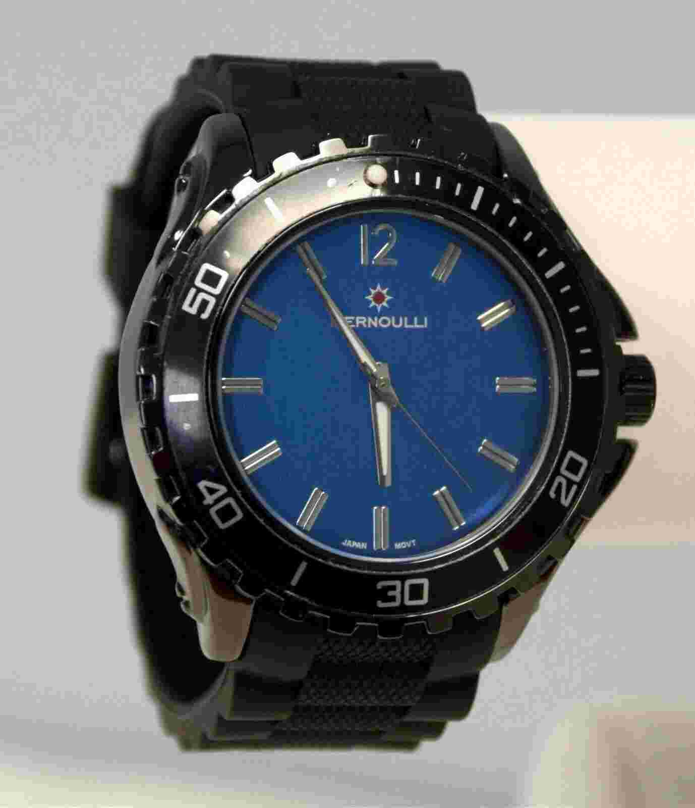 NEW Bernoulli 9801 Men's Griffin Blue Dial Jet Black Textured Silicone Watch hot