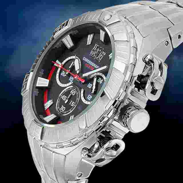 NEW Wohler Cohen 1230M Men's Chronograph SS Watch Black Face Dial Red Accent 10M