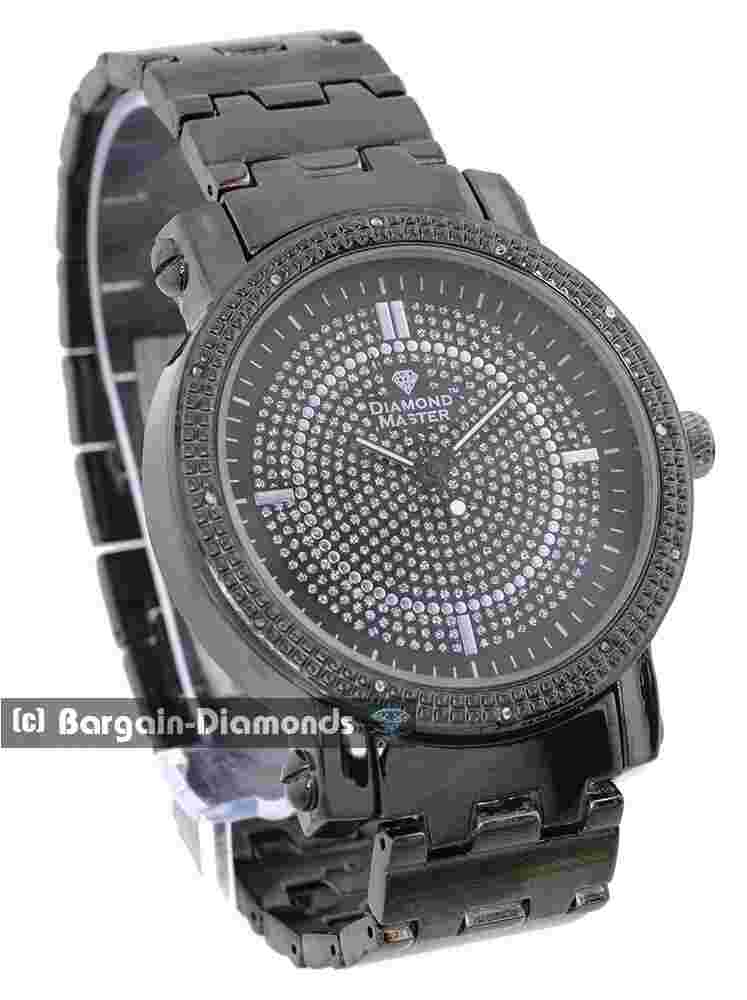 Mens Natural Diamond Black Clubbing Watch Silver-Black Dial to 8.5" Bracelet