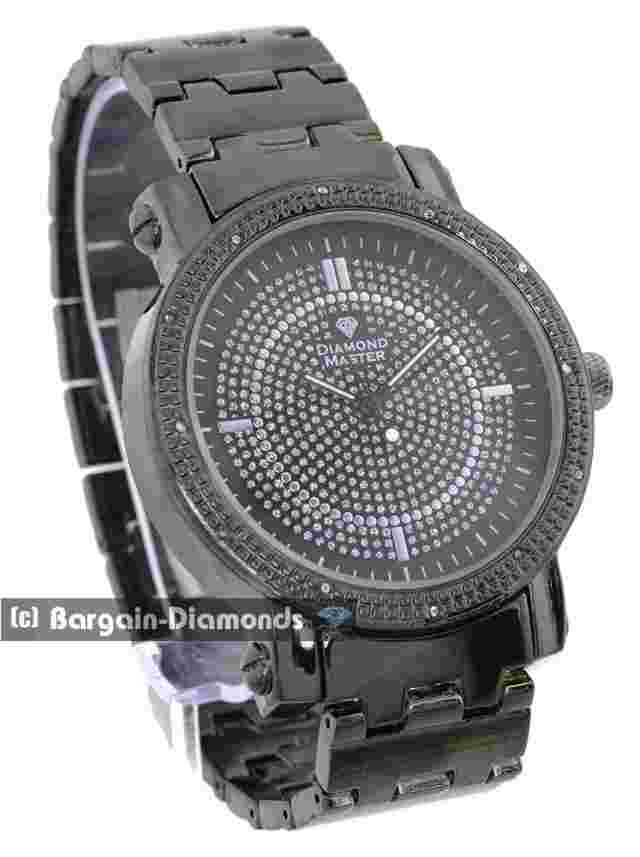 Mens Natural Diamond Black Clubbing Watch Silver-Black Dial to 8.5" Bracelet