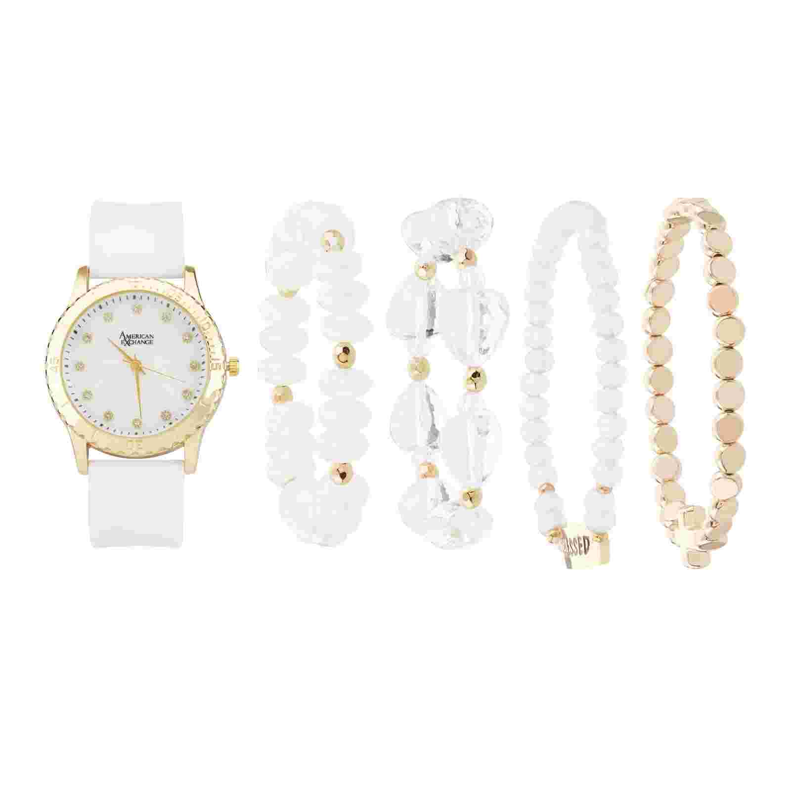 American Exchange Women's White Silicone Strap Analog Watch 38mm & Bracelets Set