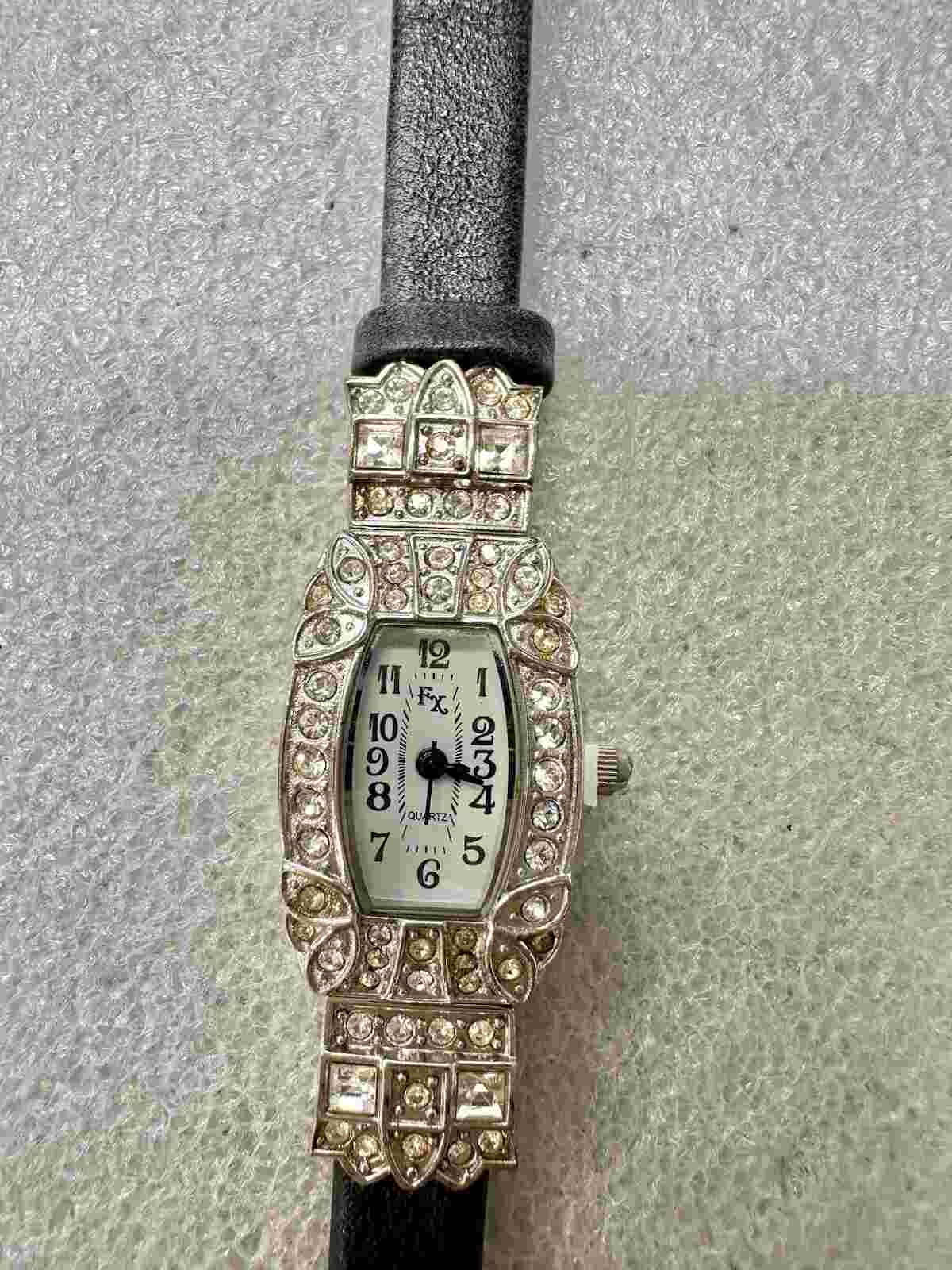 FX Working Fran Xavier Art Deco Crystal & Black leather Ladies Watch