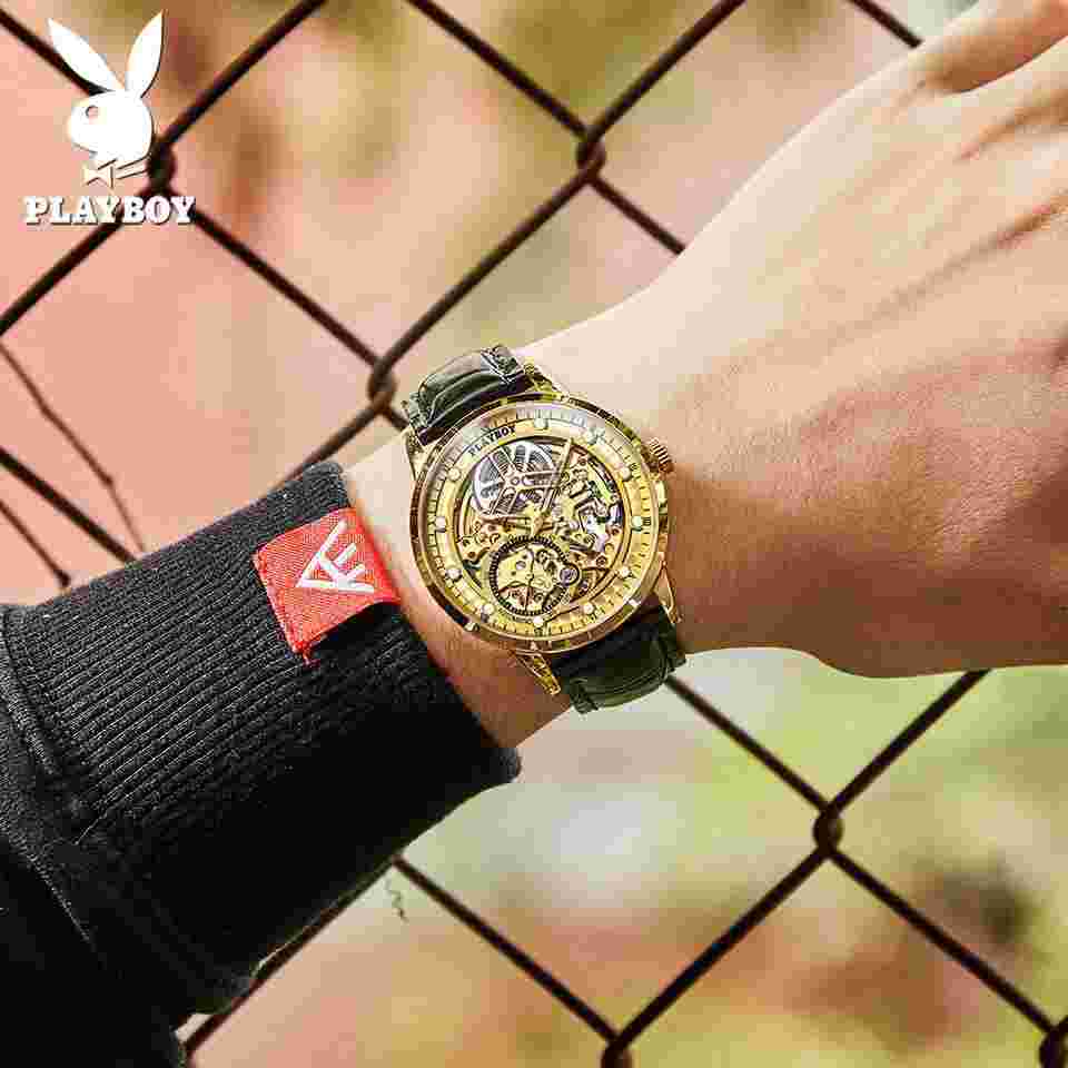 Playboy brand leather mechanical movement custom logo automatic watche