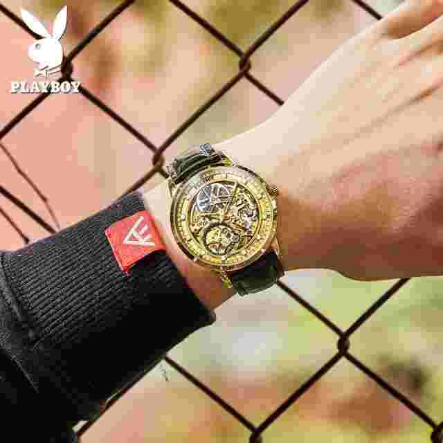 Playboy brand leather mechanical movement custom logo automatic watche