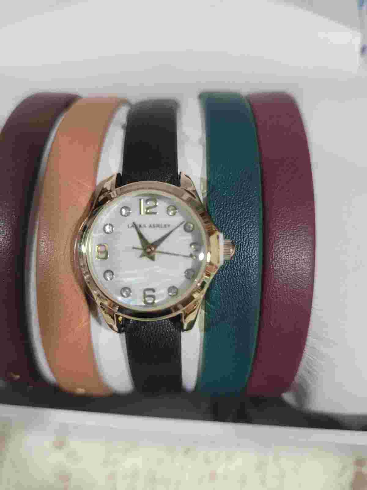 Laura Ashley Womens Mini Case Strap Watch Set with 5 Interchangeable Straps