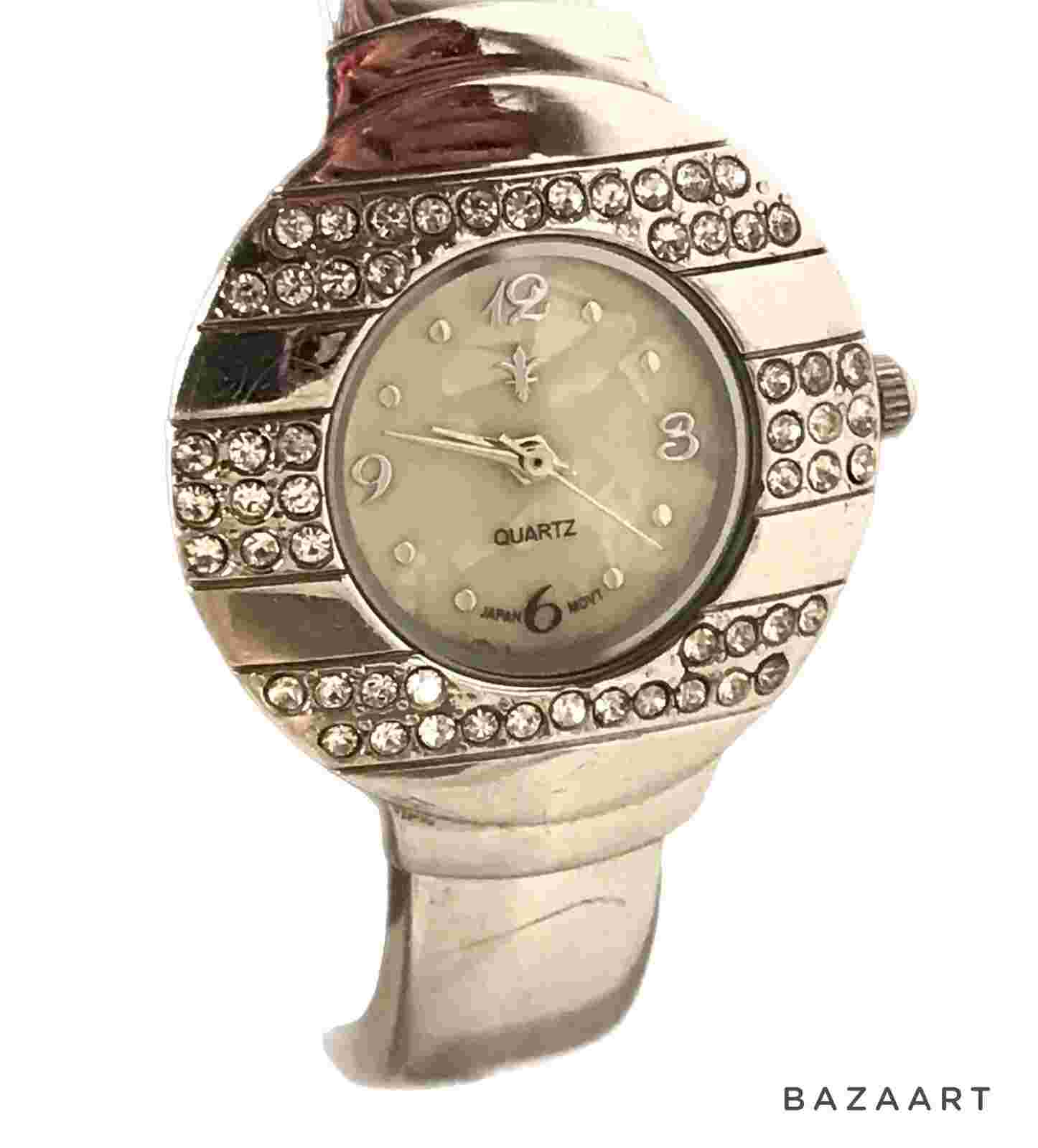Cato Mother Of Pearl Rhinestone Wristwatch Silver Tone Cuff Band Modern Watch