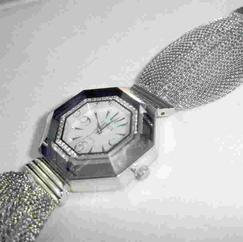 Illusions Mirror Mesh Watch by Lenox Silver Toned W Crystals Quality Quartz