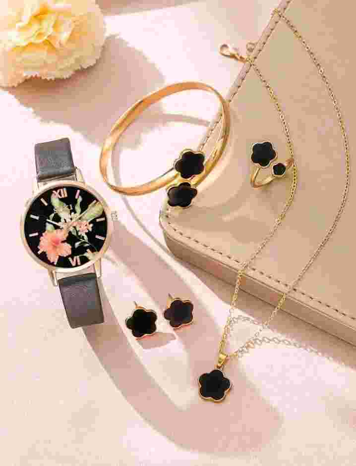 5-piece set of luxurious and elegant style lucky clover dial quartz watch.
