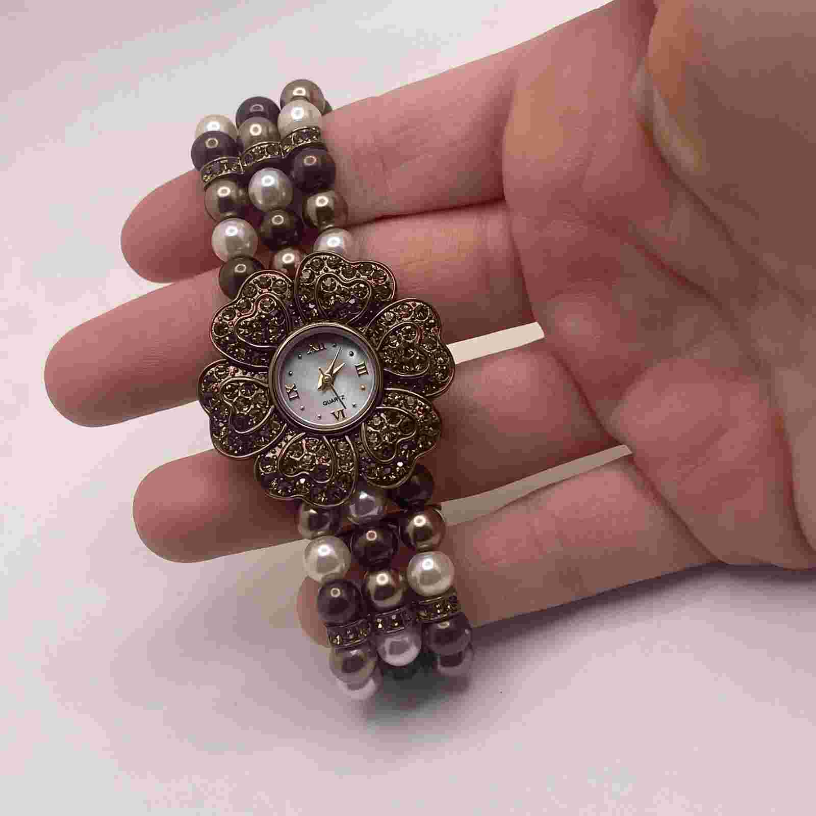 Working Nolan Miller Faux Pearl / Rhinestone Stretch Band Flower Women’s Watch