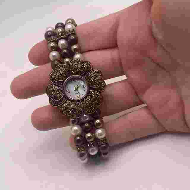 Working Nolan Miller Faux Pearl / Rhinestone Stretch Band Flower Women’s Watch