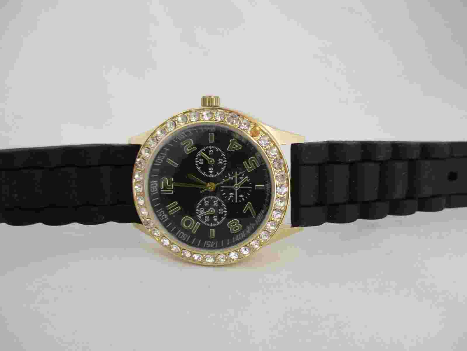 Darice Analog Wristwatch Black Buckle Band Gold Tone Rhinestones