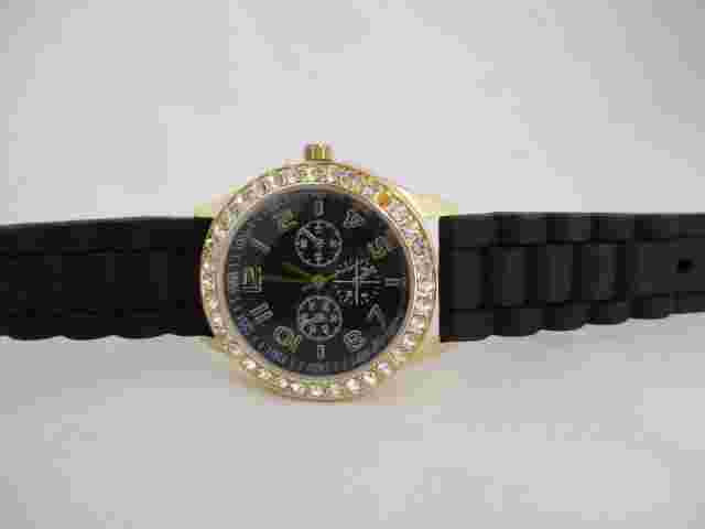 Darice Analog Wristwatch Black Buckle Band Gold Tone Rhinestones