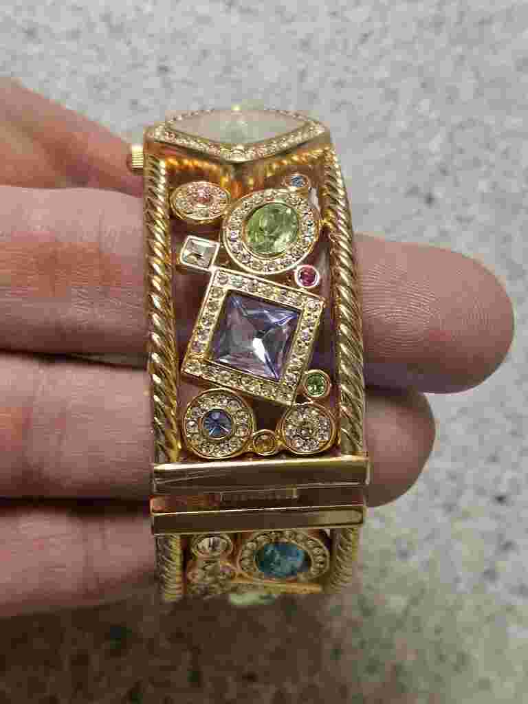 Adrienne Vittadini Watch Women Gold Tone Pave Crystals Hinged Cuff. CLEAN