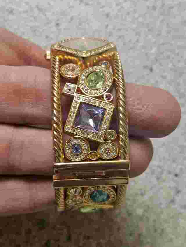 Adrienne Vittadini Watch Women Gold Tone Pave Crystals Hinged Cuff. CLEAN