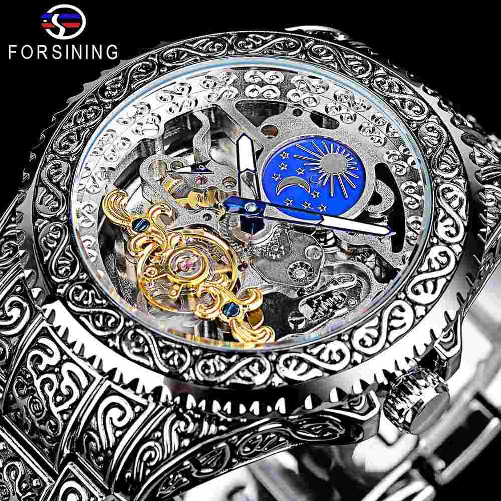 Forsining Men's Stainless Steel Hollow Carved Tourbillon Mechanical Watch Luxury