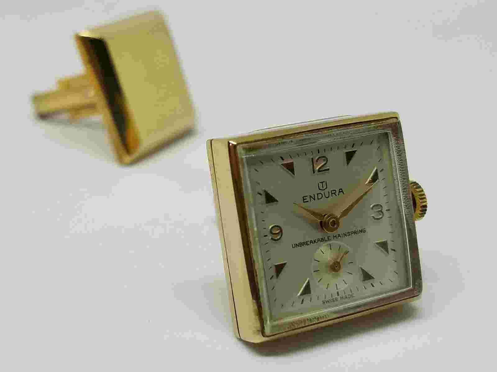 VINTAGE 17J SWISS ENDURA WATCH CUFF LINKS GOLD PLATED RUNNING AND STUNNING