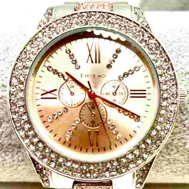 Bebe Rose Gold  Silver Tone Rhinestone 7” Adjustable Accutime Watch Statement M