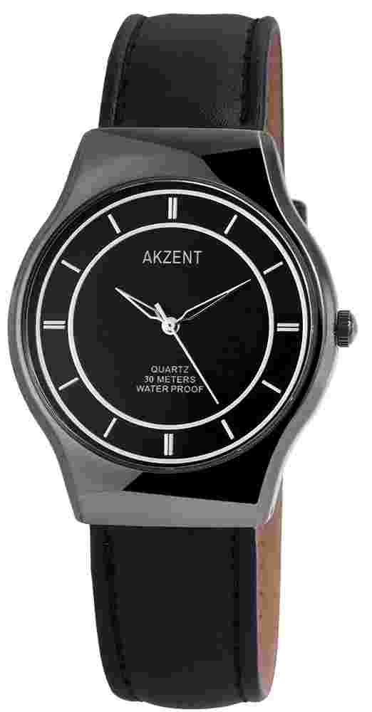 Men's Wristwatch Charcoal/Black 3ATM Faux Leather Strap by AKZENT