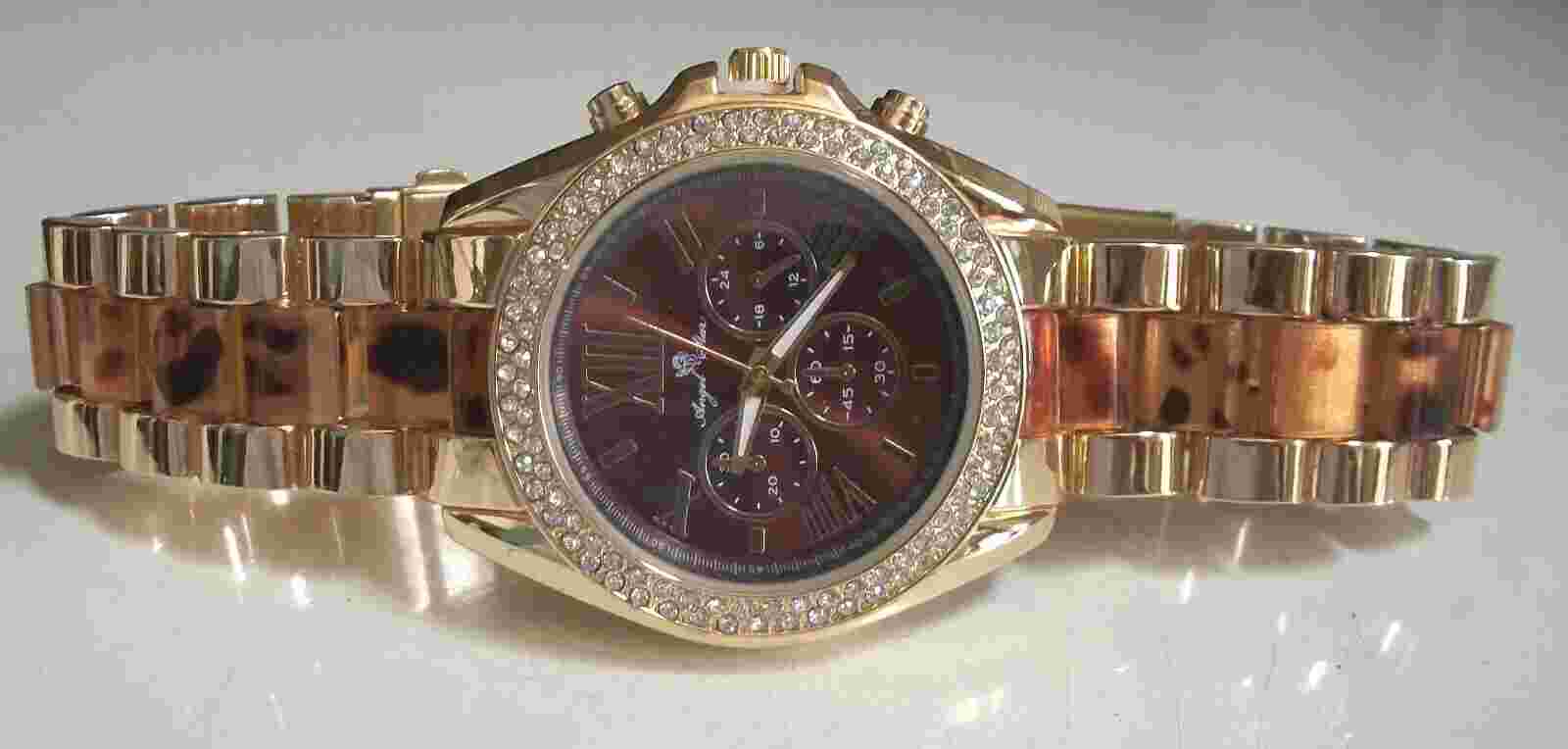 Women Rhinestone Tortoise Shell & Gold Finish Fashion Boyfriend Dressy Watch