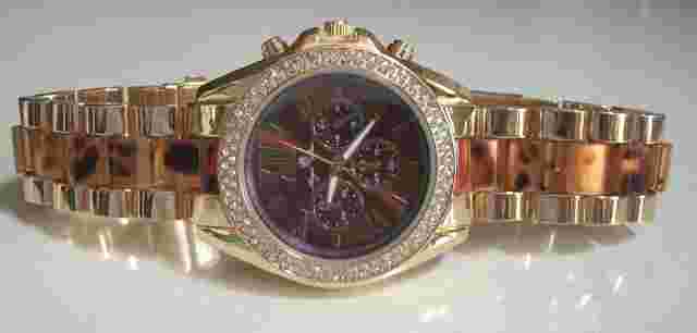 Women Rhinestone Tortoise Shell & Gold Finish Fashion Boyfriend Dressy Watch