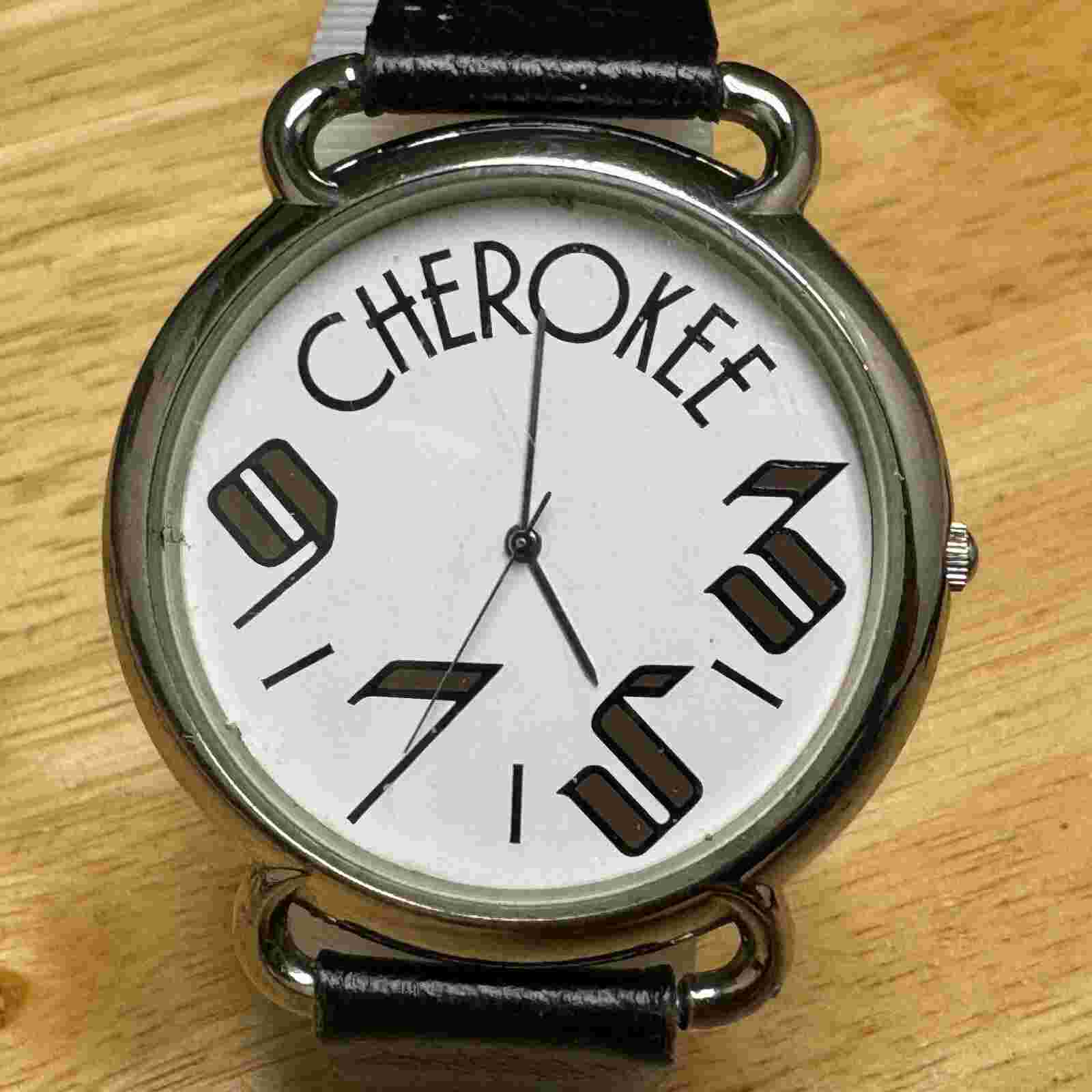 VTG Cherokee Quartz Watch Men Large 43mm Silver Leather Japan Movt New Battery