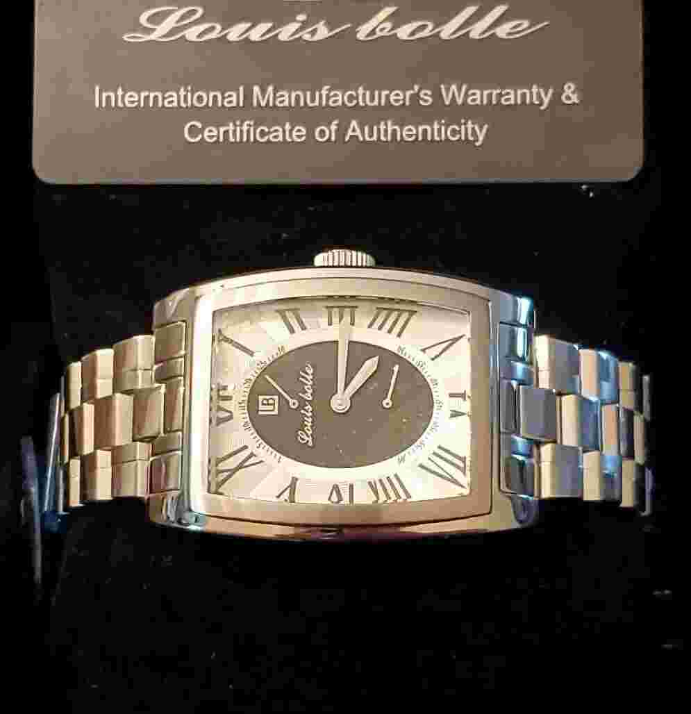 New-Louis Bolle Automatic Mens Stainless Steel Diamond Cut Dial Watch W/Box