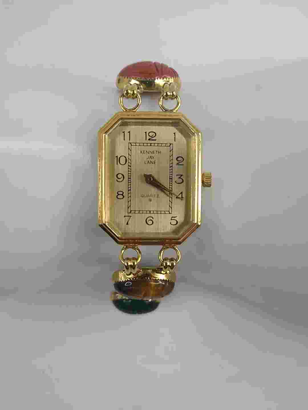 Vintage KJL Kenneth Jay Lane Egyptian Scarabs Gemstones Gold Tone Watch New Batt