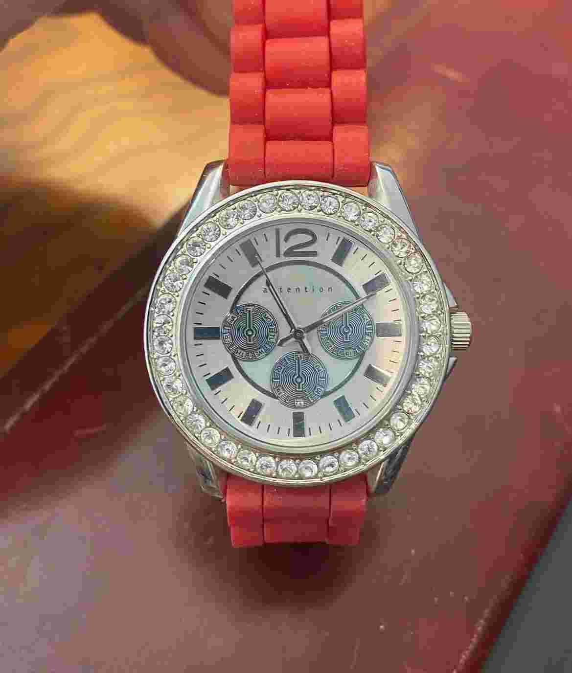Women's 40mm Silver Tone Attention Watch, Crystal  Accents, Red Poly Band