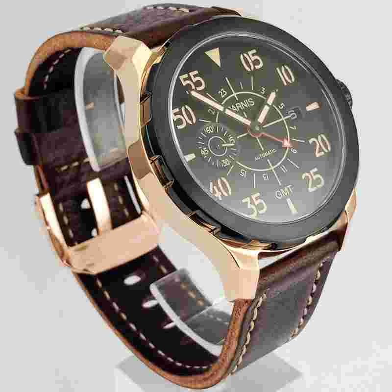 Parnis 44mm Rose Gold Black Case Dial GMT Sapphire Crystal Automatic Men's Watch