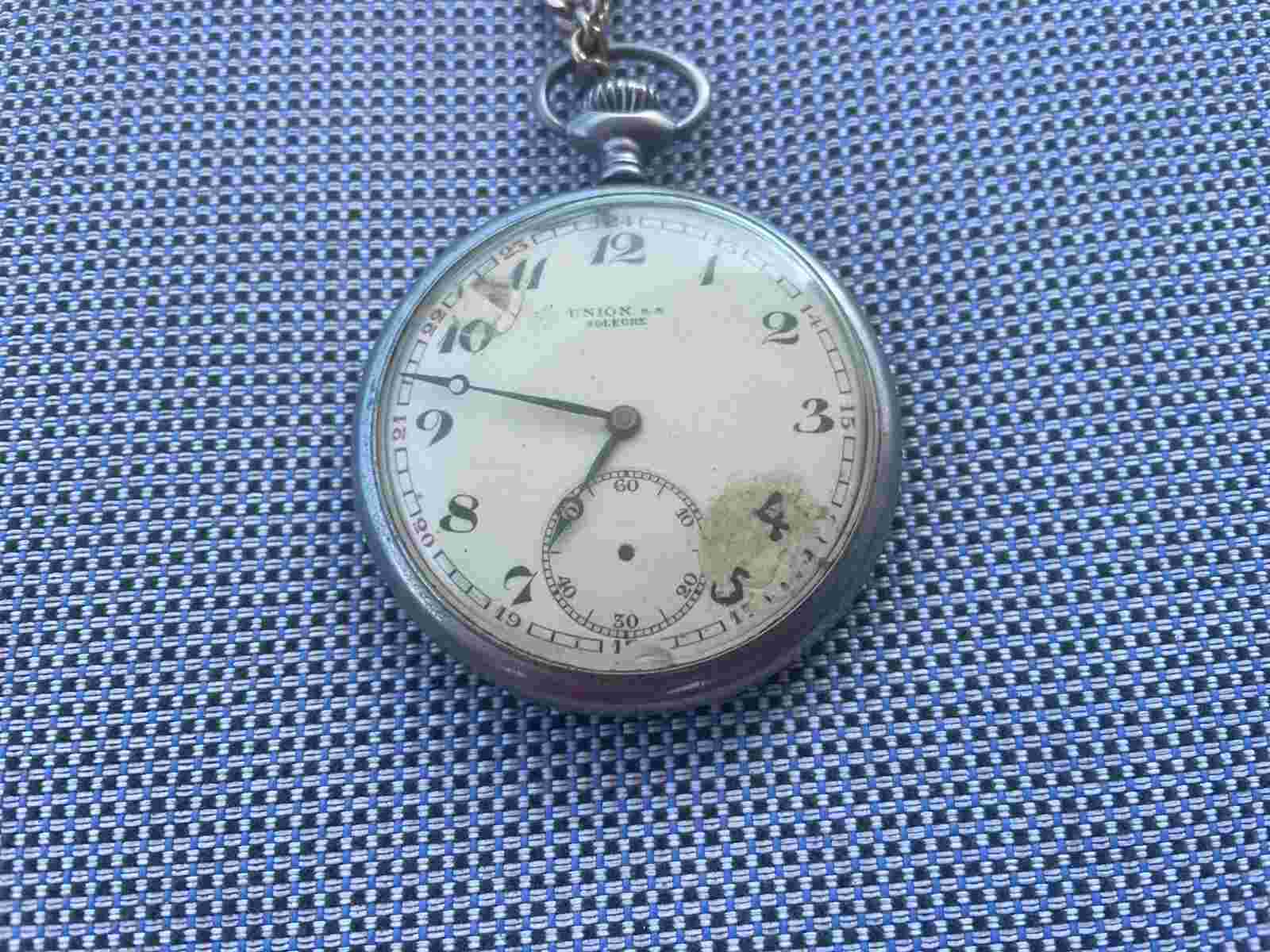 Art Deco Union S.A. Soleure Swiss RARE  Nickel Chrome Flat Pocket Watch As Is