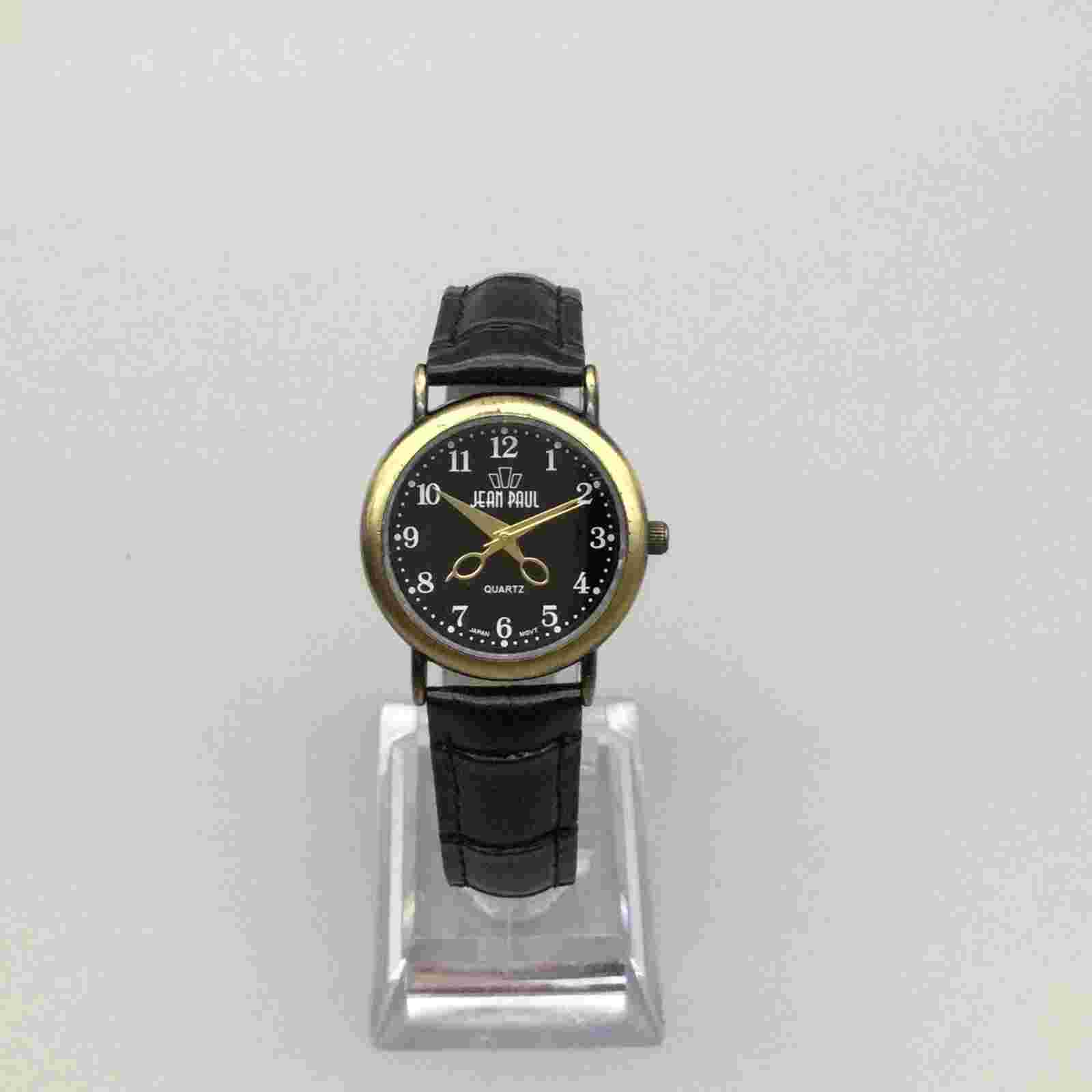 Vintage Jean Paul Watch Women 30mm Black Gold Tone Leather Band New Battery