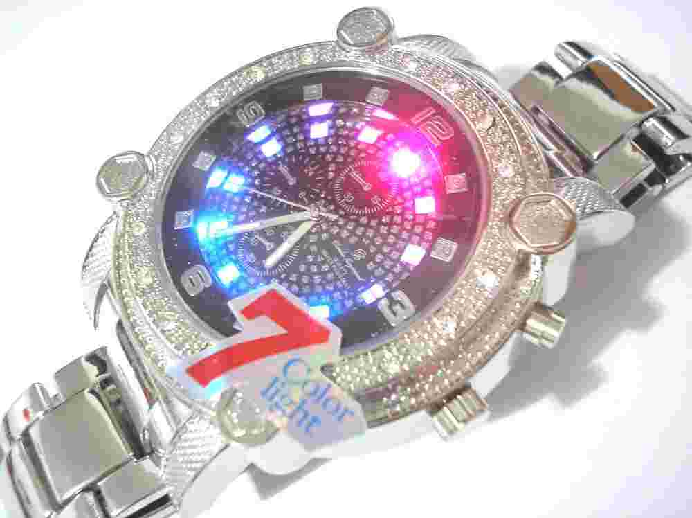 Silver Tone Metal Case & Band 7-color Light Men's Watch with Crystals Item 1285