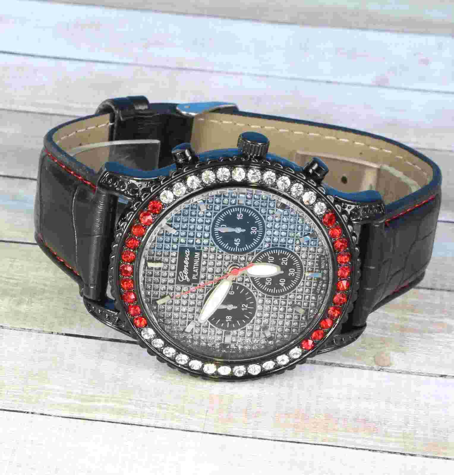 Men's Iced Luxury Bezel  Hip Hop Black Genuine Leather Band Watch